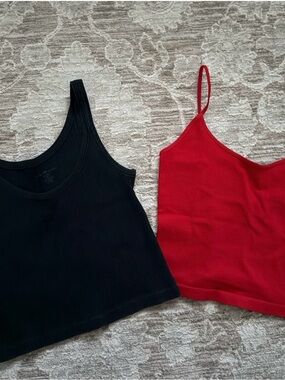 Brandy Melville Black Ribbed Tank & Red Spaghetti-Strap Cami